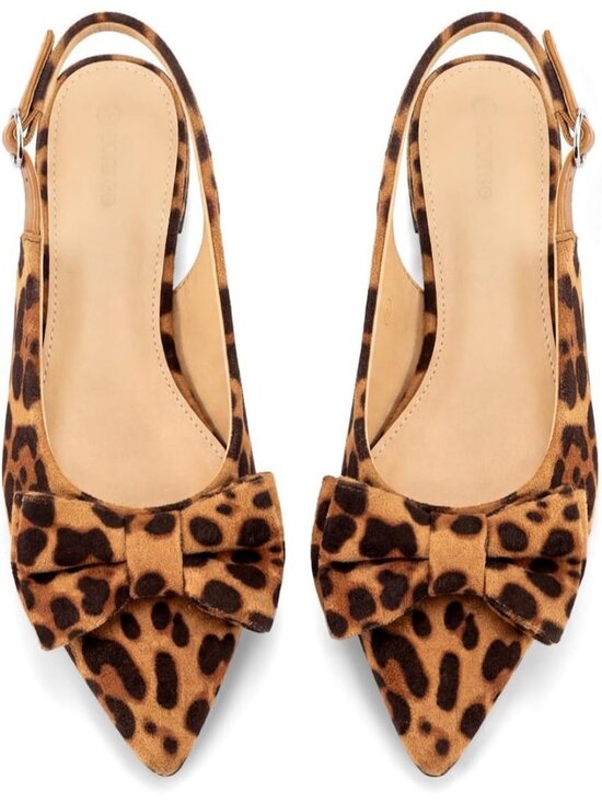 Shoes - Women's Leopard Slingback Pointed Toe Bow Ballet Flats Slip On Party Dress Shoes